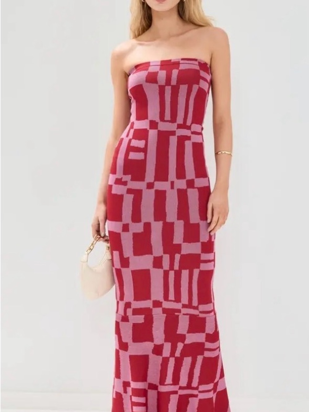 MISA Candice Dress - Strapless Pink & Red Geometric Maxi Dress